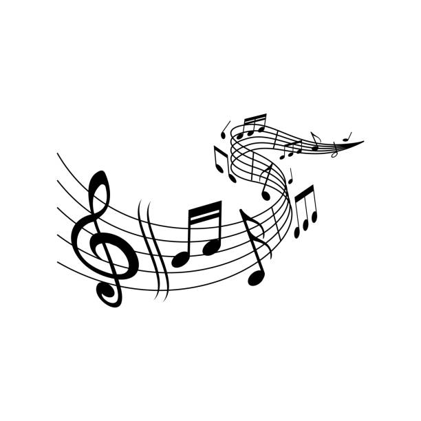 Music melody notes on wave, musical concert Music melody wave on notes staff with clef treble, vector. Classic music concert, orchestra, symphonic or philharmonic musical notes wave on scale stave or music staff background musical staff stock illustrations
