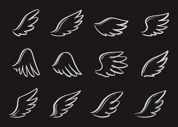 Vector illustration of Angel doodle wing set. Hand drawn
