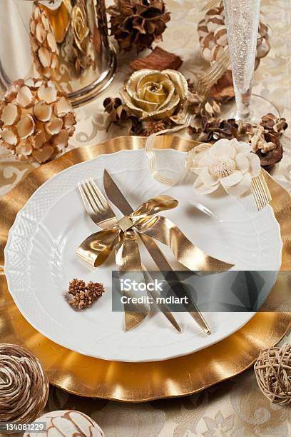 Gold Place Setting Stock Photo - Download Image Now - Arrangement, Arranging, Banquet