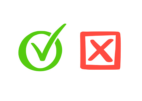 Green check and red cross mark. Hand drawn doodle sketch style. Vote, yes, no drawn concept. Checkbox, cross mark with square, circle element. Vector illustration.