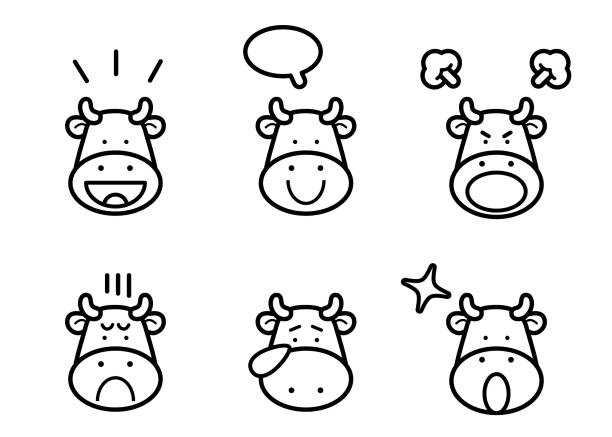 Lindo conjunto de iconos de ganado con seis expresiones faciales en blanco y negro - ilustración de arte vectorial