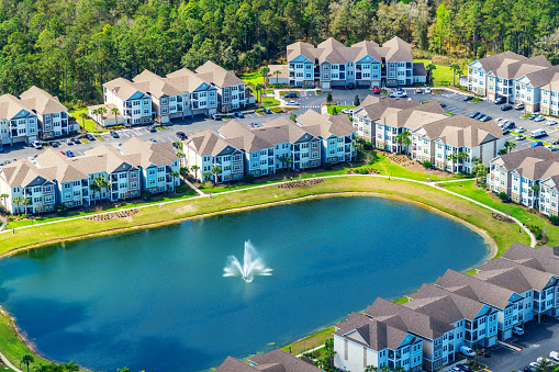 Aerial view of a suburban apartment complex located just south of Jacksonville shot from an altitude of about 1000 feet overhead.