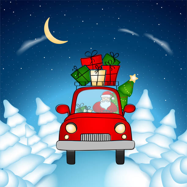 istock Christmas delivery. Santa carries gifts through snowy forest. 1340818401