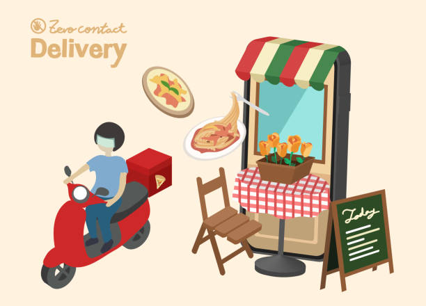 ilustraciones, imágenes clip art, dibujos animados e iconos de stock de diseño de entrega de alimentos, carácter de entrega al cliente. transporte de pedidos. - meals on wheels illustrations