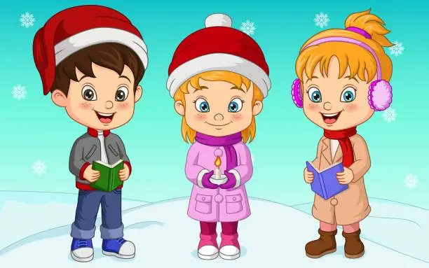 Vector illustration of Cartoon kids singing christmas carols