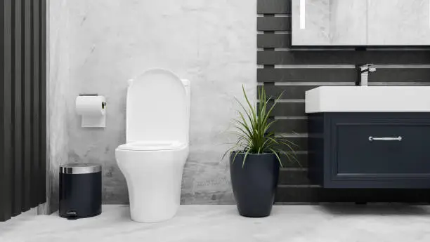 Photo of Modern elegance bathroom interior with toilet bowl, ceramic washbasin in marble floor and loft wall