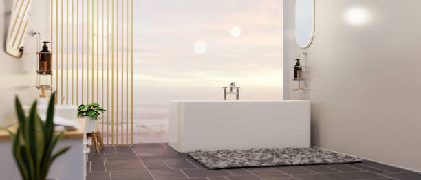 istock Luxury spacious bathroom interior with bathtub over sky view in background 1340822137