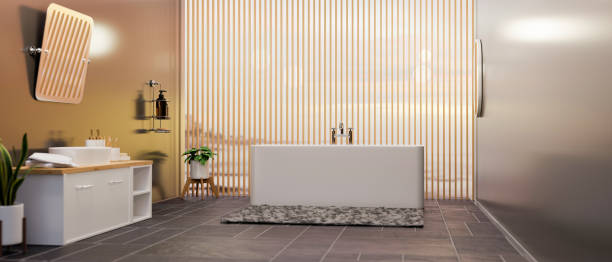 istock Modern spacious grey and wooden bathroom interior with luxury bathtub 1340822140