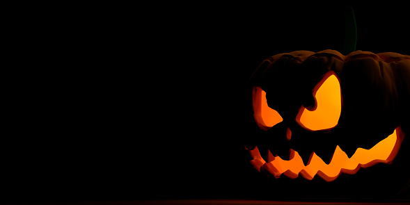 Halloween theme concept: 3D rendering orange big pumpkin with horrible funny smile on black background with large blank space for additional text message. Jack O' Lantern with candle light. Costume party invitation card. Preparing children for trick or treat.