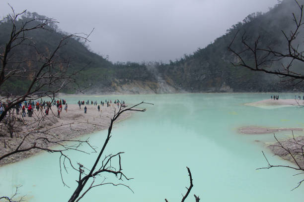 una splendida vista di kawah putih o white lake crater a bandung, indonesia - immagini. - crateri foto e immagini stock