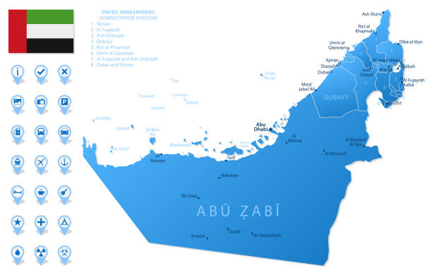 Blue map of United Arab Emirates administrative divisions with travel infographic icons. Blue map of United Arab Emirates administrative divisions with travel infographic icons. Vector illustration united arab emirates flag map stock illustrations