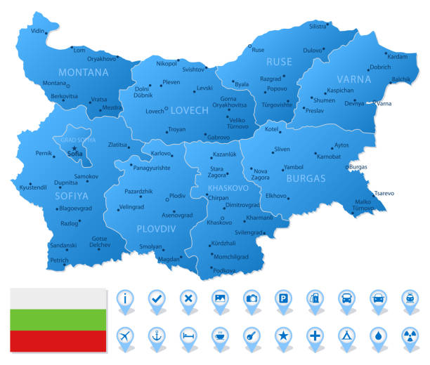 niebieska mapa podziałów administracyjnych bułgarii z ikonami infografiki podróżniczej. - bulgaria map balkans cartography stock illustrations
