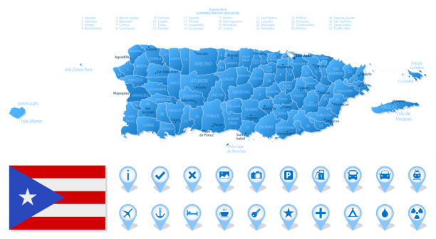 niebieska mapa podziałów administracyjnych portoryko z ikonami infografiki podróżniczej. - puerto rico map vector road stock illustrations