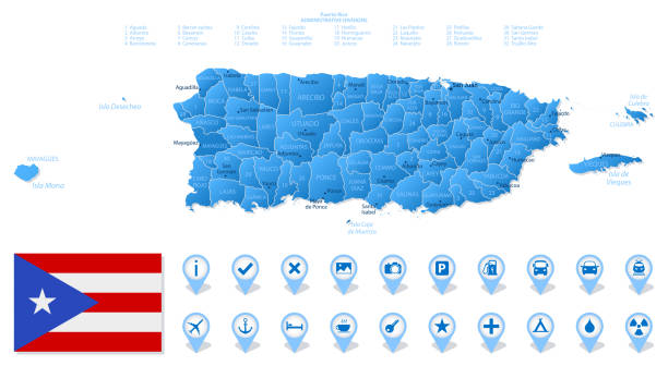 ilustrações de stock, clip art, desenhos animados e ícones de blue map of puerto rico administrative divisions with travel infographic icons. - puerto rico map vector road