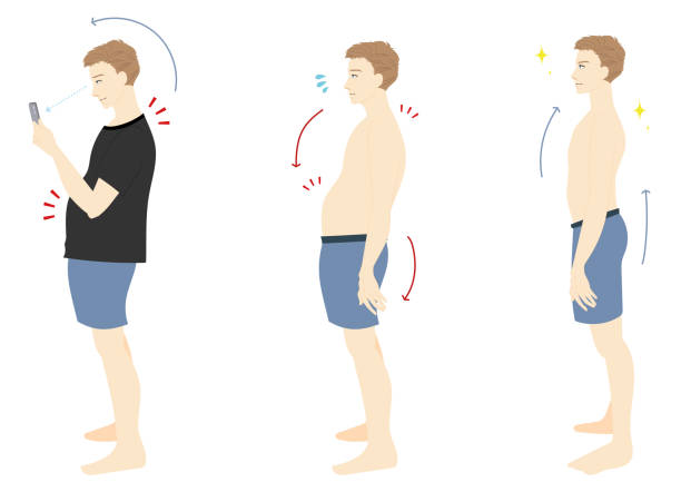 스마트 폰 목과 나쁜 자세와 좋은 자세로 세트 남성 일러스트 - good posture stock illustrations