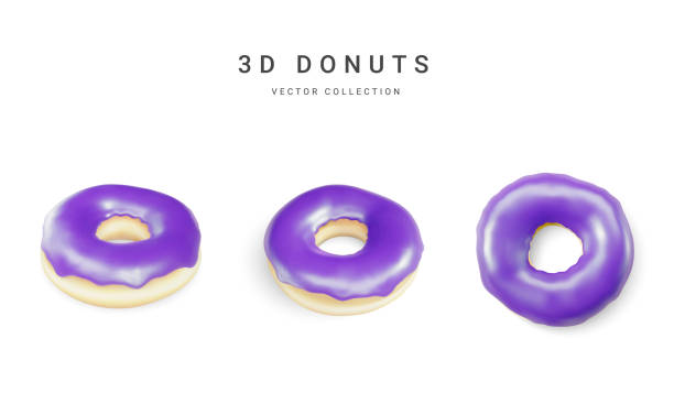 stockillustraties, clipart, cartoons en iconen met set of violet donuts isolated on white background. collection of colorful donuts. various glazed donuts. vector illustration - hot chocolate purple