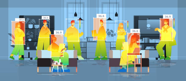 detecting elevated body temperature of businesspeople in office checking by non-contact thermal ai camera stop coronavirus detecting elevated body temperature of businesspeople in office checking by non-contact thermal ai camera stop coronavirus outbreak concept horizontal vector illustration non gender figure stock illustrations