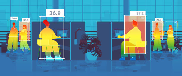 detecting elevated body temperature of businesspeople in office checking by non-contact thermal ai camera stop coronavirus detecting elevated body temperature of businesspeople in office checking by non-contact thermal ai camera stop coronavirus outbreak concept horizontal vector illustration non gender figure stock illustrations