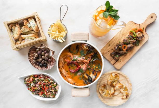 istock mixed spanish gourmet tapas sharing set selection on restaurant table in barcelona 1340839322