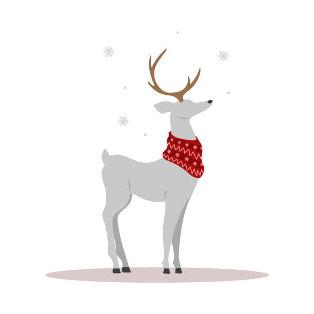 스카프에 크리스마스 순록. 뿔을 가진 귀여운 사슴. 겨울 디자인 요소. 플랫 만화 스타일의 벡터 일러스트레이션 - stag deer doe cartoon stock illustrations