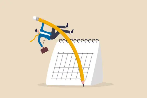 Vector illustration of Flexible work schedule or challenge to overcome deadline or project timeline difficulty, project management or timetable concept, confidence businessman using pencil pole vault jumping over calendar.