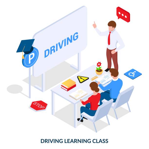 Driving lesson concept. Car driving learning class. Isometric illustration on white background learn to drive stock illustrations