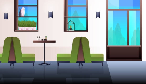 modern cafe interior empty no people restaurant with furniture horizontal modern cafe interior empty no people restaurant with furniture horizontal vector illustration indoors bar restaurant sofa stock illustrations