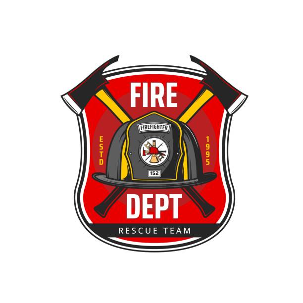 Fire department icon, fireman helmet and axes Fire department icon with vector fireman or firefighter helmet and crossed axes, ladder and hook. Firefighting equipment and tools isolated heraldic shield or badge design of fire and rescue service firefighter shield stock illustrations