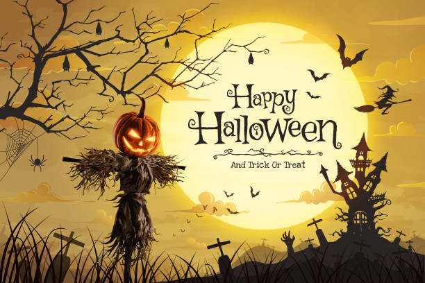 istock Vector illustration of Halloween pumpkin scarecrow on a wide field and Castle spooky with the full moon on a scary night 1340844015
