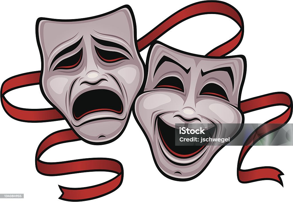Comedy and Tragedy Theater Masks Vector illustration of comedy and tragedy theater masks with a red ribbon. Theatrical Performance stock vector