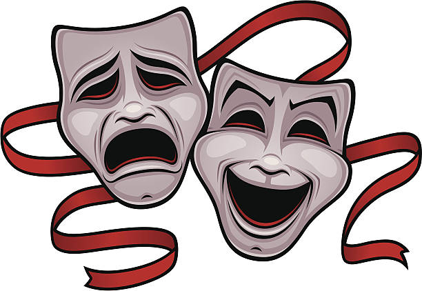 Comedy and Tragedy Theater Masks Vector illustration of comedy and tragedy theater masks with a red ribbon. classical theater stock illustrations