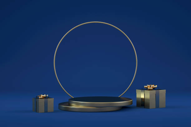 3D Empty Product Stand, Podium, Platform on Blue Background, Christmas Concept