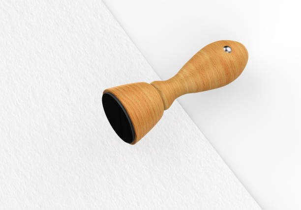 istock Blank paper sheet with wooden round stamper mock up template, 3d illustration 1340851786