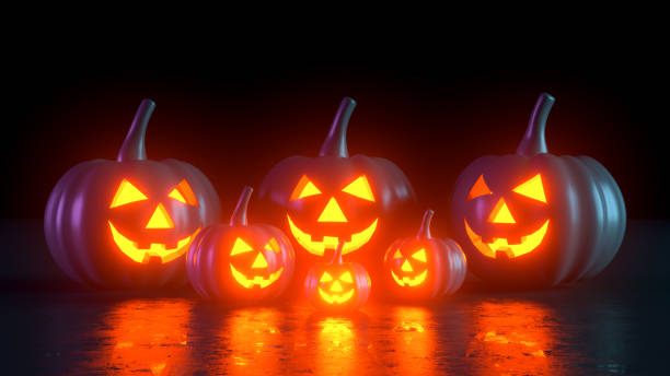 istock 3D Pumpkins for Halloween with spooky face, Jack O' Lantern 1340854182