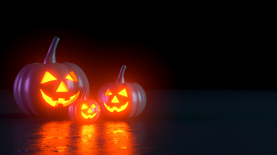 3D Rendering, Halloween, Pumpkin, Jack O' Lantern, Smiley Face, Illuminated.