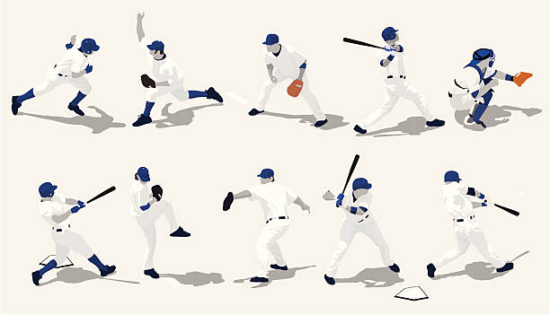 illustrazioni stock, clip art, cartoni animati e icone di tendenza di silhouette giocatore di baseball - hit and run