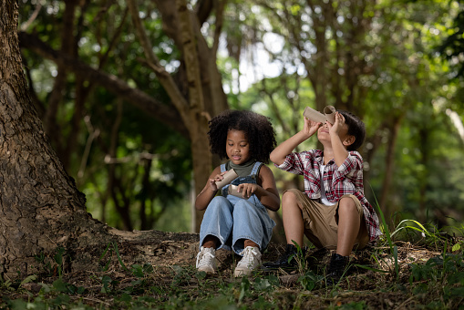African American Ethnicity children girl and boy explorer with his paper binoculars in the Nature forest