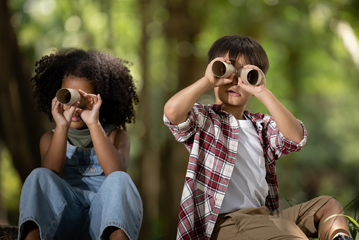 African American Ethnicity Children girl and boy sitting explorer with his paper binoculars looking at view in the Nature forest