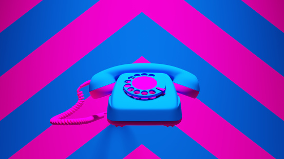 Pink Blue Vintage Telephone Retro Phone Communication with Bright Pink an Blue Chevron Pattern Background 3d illustration render
