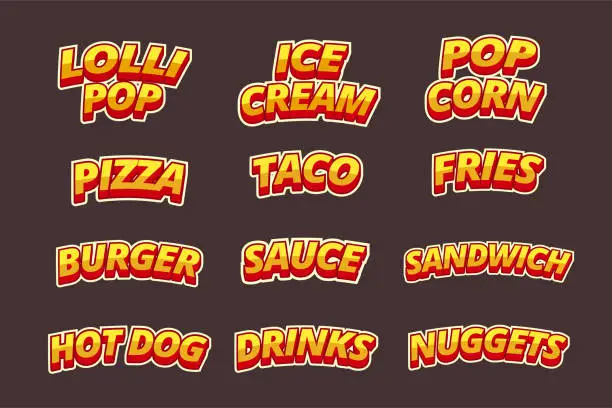 Vector illustration of Lettering of names of dishes for fast food in comic style. Vector illustration.