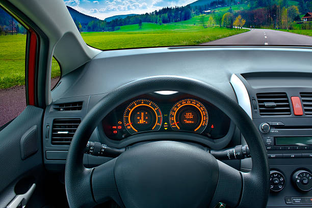 istock Driver's seat view of a car while driving in a grassy area 134085638