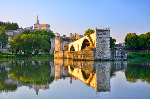 Pont d'Avignon (Pont Saint-Benezet) bridge over Rhone River at sunrise, France