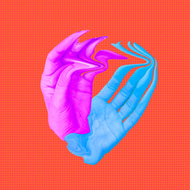 istock Contemporary minimal art collage. Hands metamorphosis abstraction on orange background 1340858064