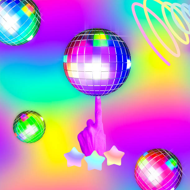 istock Contemporary minimal art collage Disco ball and hand in abstraction gradient background. Retro party, clubbing, music concept 1340858086