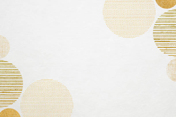 Abstract graceful Japanese style background White washi paper texture with designed circular pattern gold leaf stock pictures, royalty-free photos & images