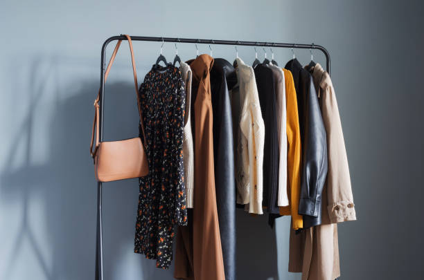 istock basic women's autumn wardrobe with shoes and handbags on  hanger 1340858556