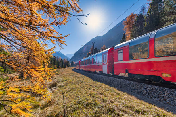 bernina schweizer roter zug im herbst - engadine alps landscape autumn european alps stock-fotos und bilder