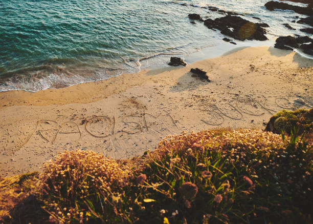 вид на пляж под высоким углом с сообщением «расизм — отстой», написанным на песке - godrevy lighthouse фотографии стоковые фото и изображения