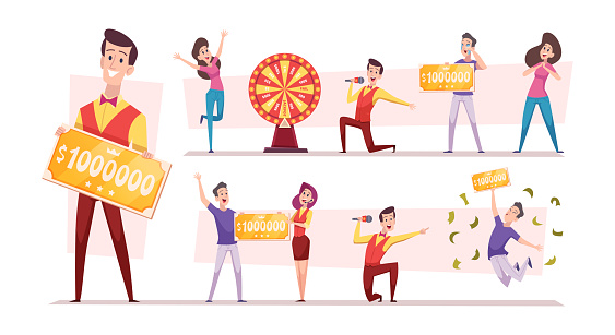 Prize winner. Characters won in lottery tickets money ticket prizes persons in casino exact vector illustrations set isolated. Winner success and prize, lucky cash