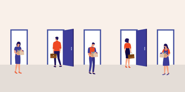 Hiring And Dismissal Concept. Employees Walking In And Out Of The Door, Some Were Leaving Their Job And Some Were Being Hired At The Same Time. Full Length, Isolated On Solid Color Background. Vector, Illustration, Flat Design, Character. quitting a job stock illustrations